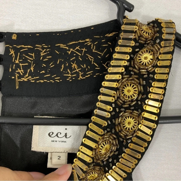 NEW ECI New York Black Gold Embellished 100% Silk Dress size 2 - Picture 4 of 9